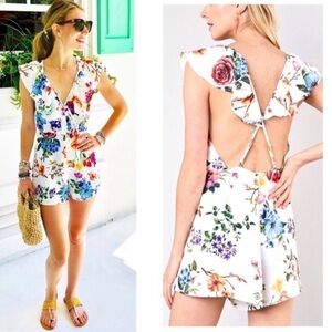 Do + be White Floral Ruffle Open Back Romper